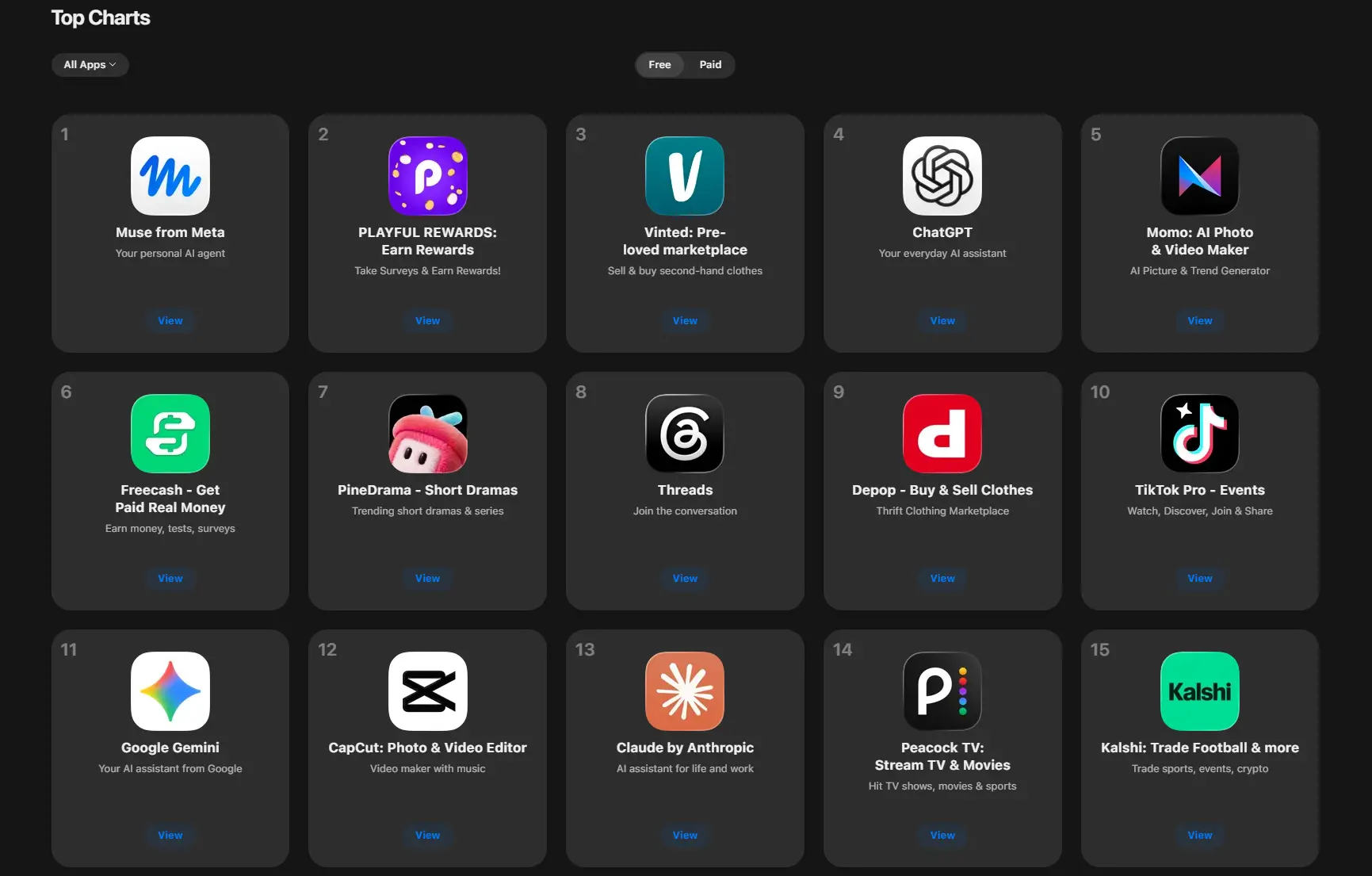 Classement des meilleurs app sur l'app store