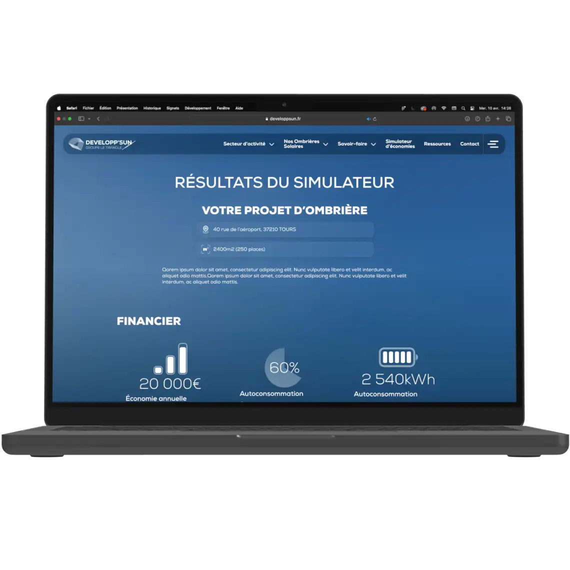 Page des résultats du simulateur Developp'Sun