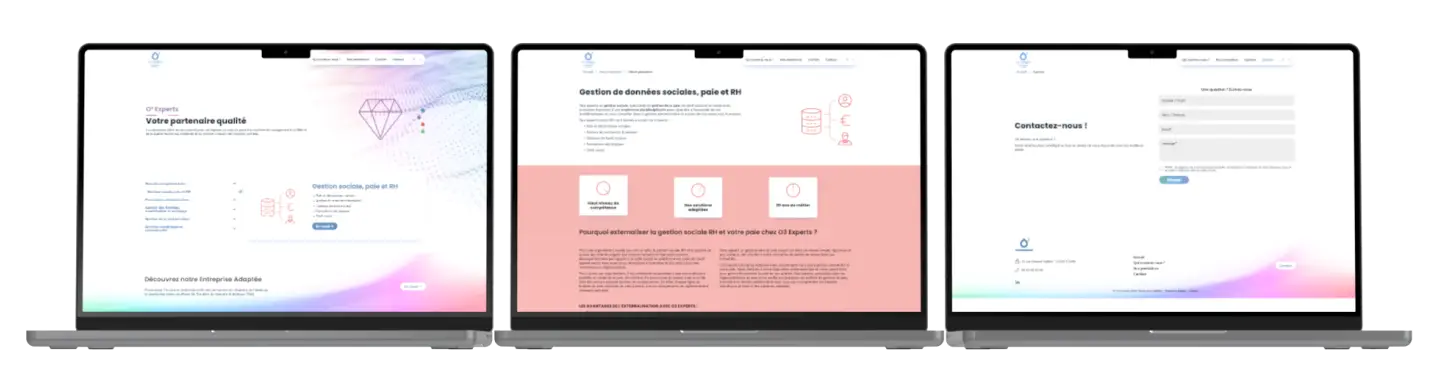 Les différentes pages du site O3 Experts après la refonte du site web