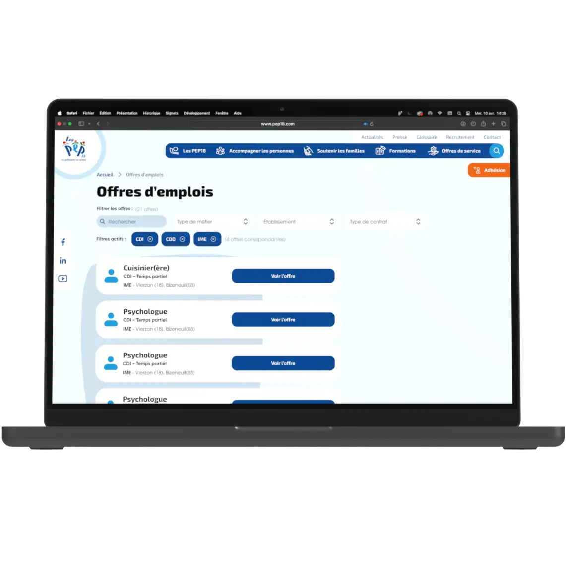 Le module offre d'emplois du site des PEP18
