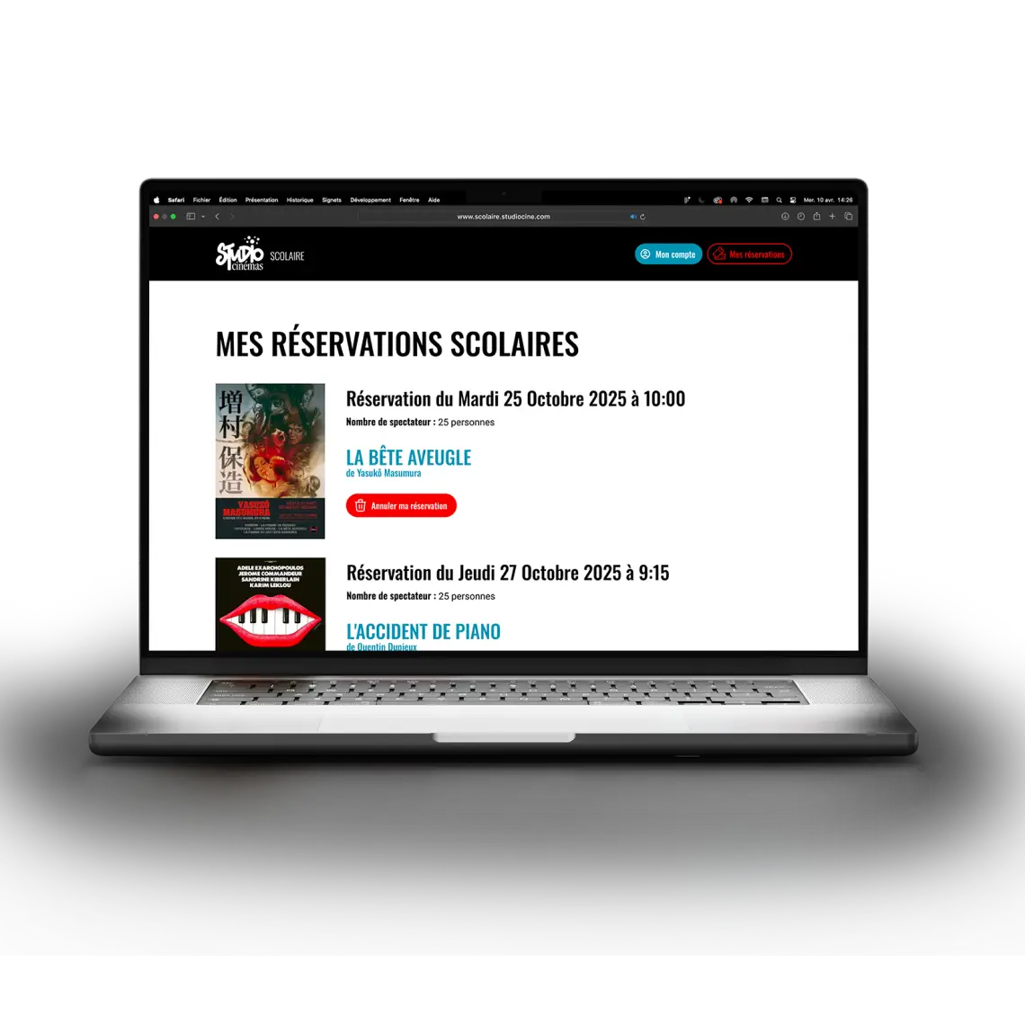 Site internet de réservation scolaire Studio Cinémas